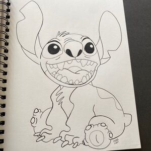 Stitch Drawing Disney Illustration Black Ink 11 x 7.75” Lilo & Stitch